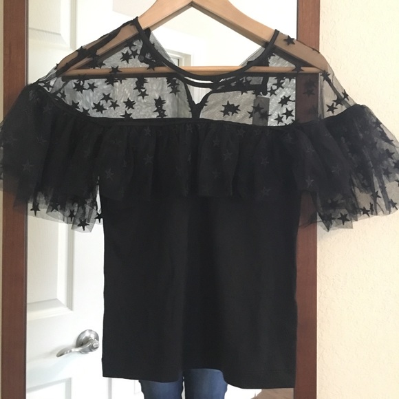 J. Crew Black Star Mesh Ruffle Sleeve Top - Picture 1 of 2